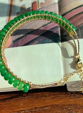 水润清澈 精美青绿色仿真翡翠干青算盘珠手镯14K包金手环饰品礼物