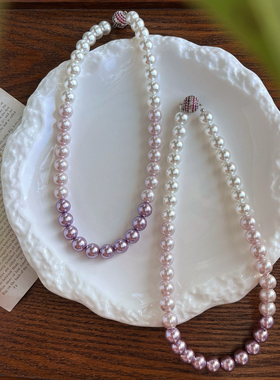 浪漫复古10mm冷白曼塔玫瑰紫渐变色人造珍珠手链项链套装高级感