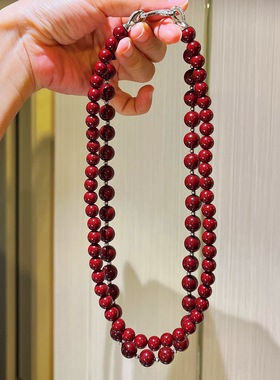 秋冬高品质高光安可拉红双层设计感施家珍珠毛衣链项链锁骨链女