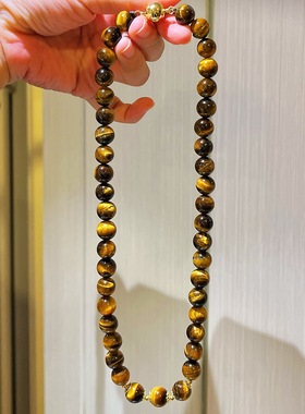 热销黄虎眼石圆珠手链项链复古风虎睛石长链个性设计感颈链饰品