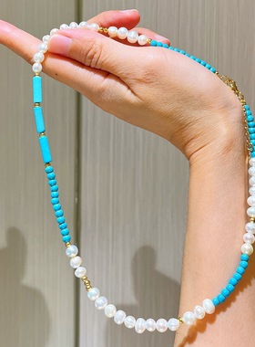 复古秋冬天然淡水珍珠仿绿松石手链项链套装原创设计蓝白撞色