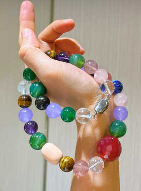 大颗天然石混彩串珠女士项链紫水晶白水晶虎眼石草莓晶青金石玛瑙