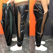 Leather pants male winter new takeaway riding 100 hitch foot long pants trendy plus suede thickened splicing windproof casual pants