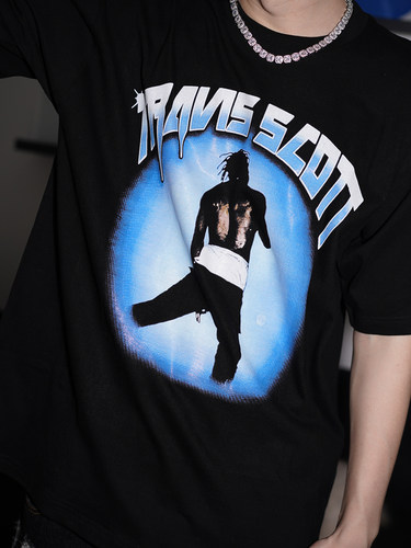 Travis scott嘻哈人像vintageT恤巡演闪电沙漠风格欧美闪电印花男 - 图0