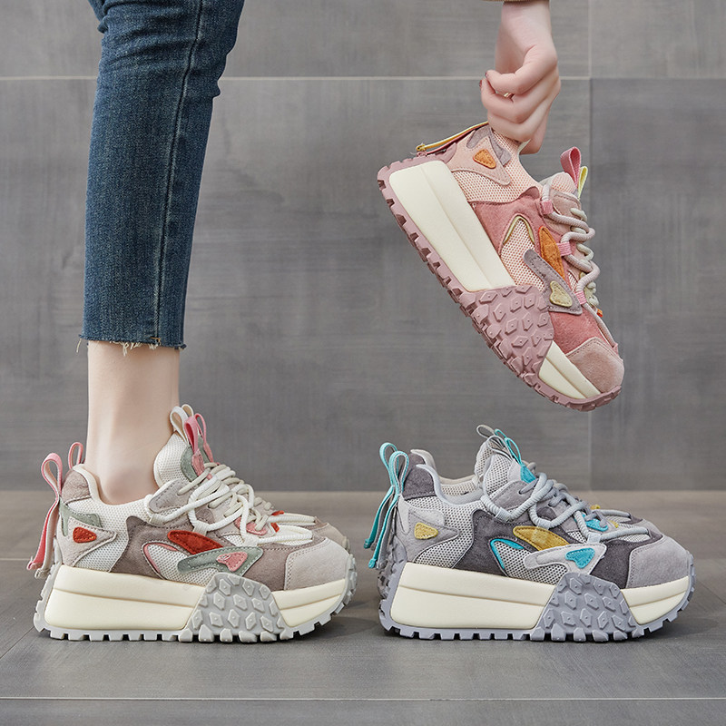 复古拼色老爹鞋女2025春季新款真皮粉色网面厚底增高休闲运动鞋潮,淘宝优惠券,粉丝福利购,淘宝优惠卷