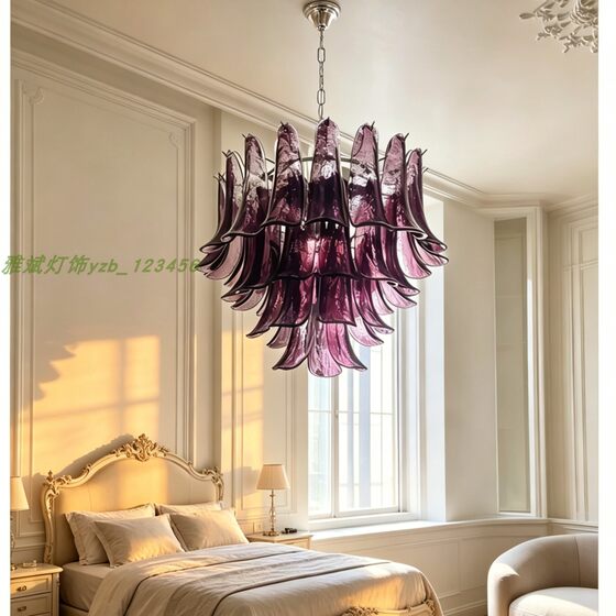French Munora purple handmade glass lamp villa duplex floor ceiling antique living room restaurant retro chandelier