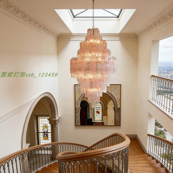 French duplex luxury villa staircase handmade designer glass tube lamp medieval Murano living room long chandelier