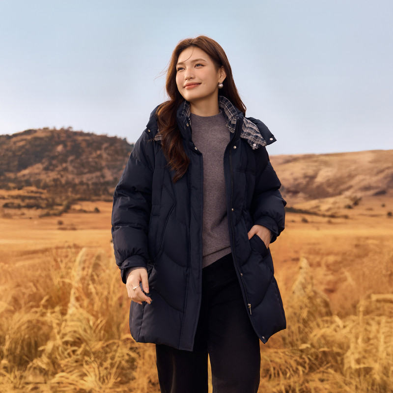 【格子拼接羽绒服】纤莉秀大码女装舒适保暖中长款外套胖mm冬新款
