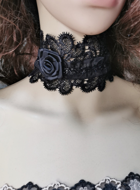 新品蕾丝钩花黑玫瑰朋克风颈纹遮盖多层脖带锁骨链饰品
