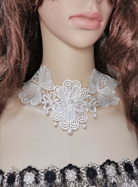 新款精美蕾丝颈链领子四季白粉黑色珍珠花朵项链遮盖锁骨脖带女