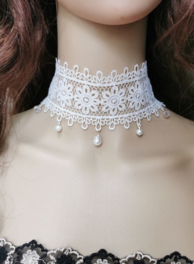 欧美choker项链女白色蕾丝珍珠颈链气质项圈超仙复古锁骨链脖饰