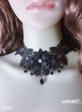 2025原创蕾丝颈链四季透气锁骨手术疤痕遮盖项链花朵黑色水晶脖带