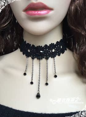 欧美蕾丝森林流苏颈链黑色项饰
