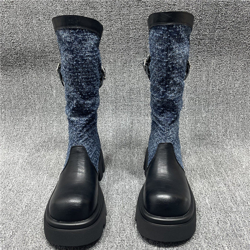 断码处理粗跟厚底瘦瘦靴洋气百搭牛仔布拼接中筒靴秋冬款单靴子女,淘宝优惠券,粉丝福利购,淘宝优惠卷