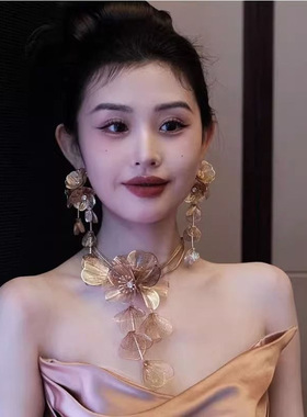 热销花朵耳环项链套装欧美夸张女金属感高级流苏耳环舞会礼服配饰