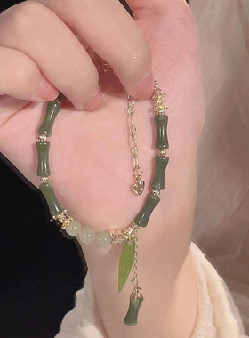 小红书同款橄榄绿翠绿竹节手链竹叶串珠链复古新中式国风轻奢小众