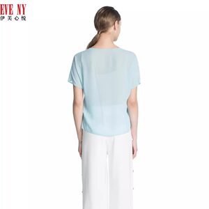 EVENY伊芙心悦女装春夏通勤职业修身针梭拼接V领针织衫T恤