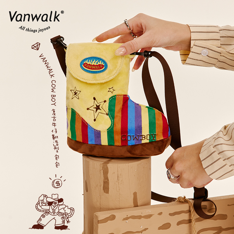 VANWALK牛仔系列 复古靴子包公仔包女礼物斜挎包新款毛绒单肩小包 - 图1