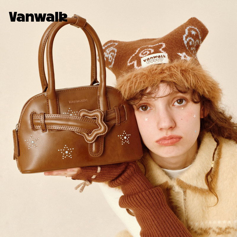 VANWALK松果部落 小众复古秋冬新款手提波士顿保龄球包包女斜挎包,淘宝优惠券,粉丝福利购,淘宝优惠卷