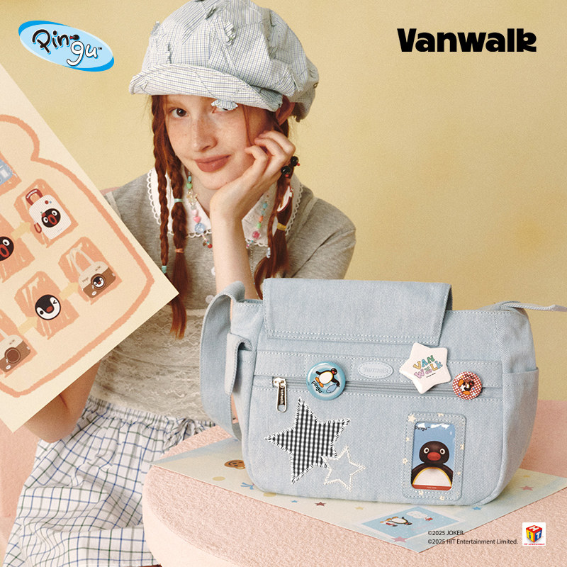 VANWALK Pingu企鹅大容量通勤黑色牛仔单肩斜挎包女百搭邮差包ins,淘宝优惠券,粉丝福利购,淘宝优惠卷
