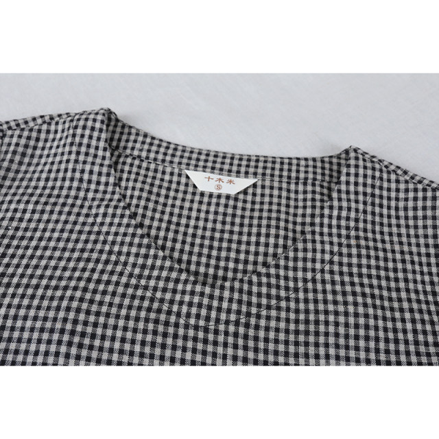Small Town Moon/Shimu Mi original summer style 100% yarn-dyed linen plaid artistic versatile top T-shirt for women