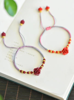 保真朱砂红砂玫瑰花手链女款手串