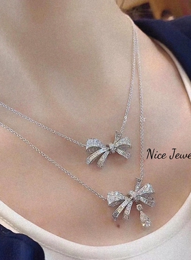 水滴蝴蝶结女纯银满钻锁骨链
