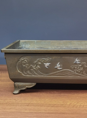 日本大正金钟堂造青铜银象嵌波千鸟水仙盘水磐复古桌面摆件收藏