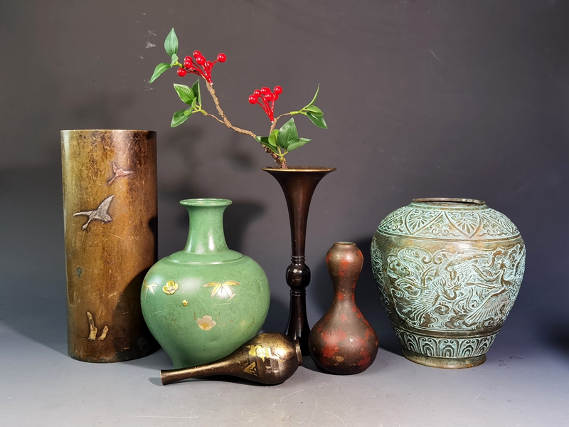 高岡銅器 鋳銅花瓶 銅製花瓶 花器 龍泉堂 天龍 耳付花瓶 骨董 【公式通販】