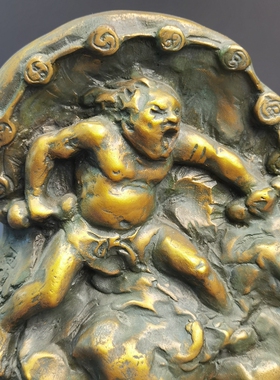 日本巨匠北村西望作铜雕塑作品风神雷神复古桌面装饰摆件艺术收藏