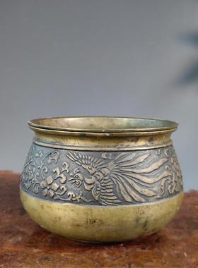 日本回流铜器浮雕福袋形建水渣斗水盂茶道用品室内摆件老物件J