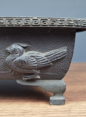 日本回流古铜制牡丹喜鹊纹水仙盘池坊花道花器桌面摆件插花禅意