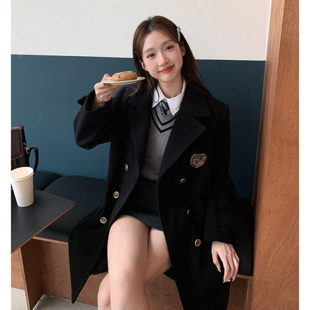 东京岁时记jk黑色大衣小个子学院风大衣冬长款毛呢外套女津南女大
