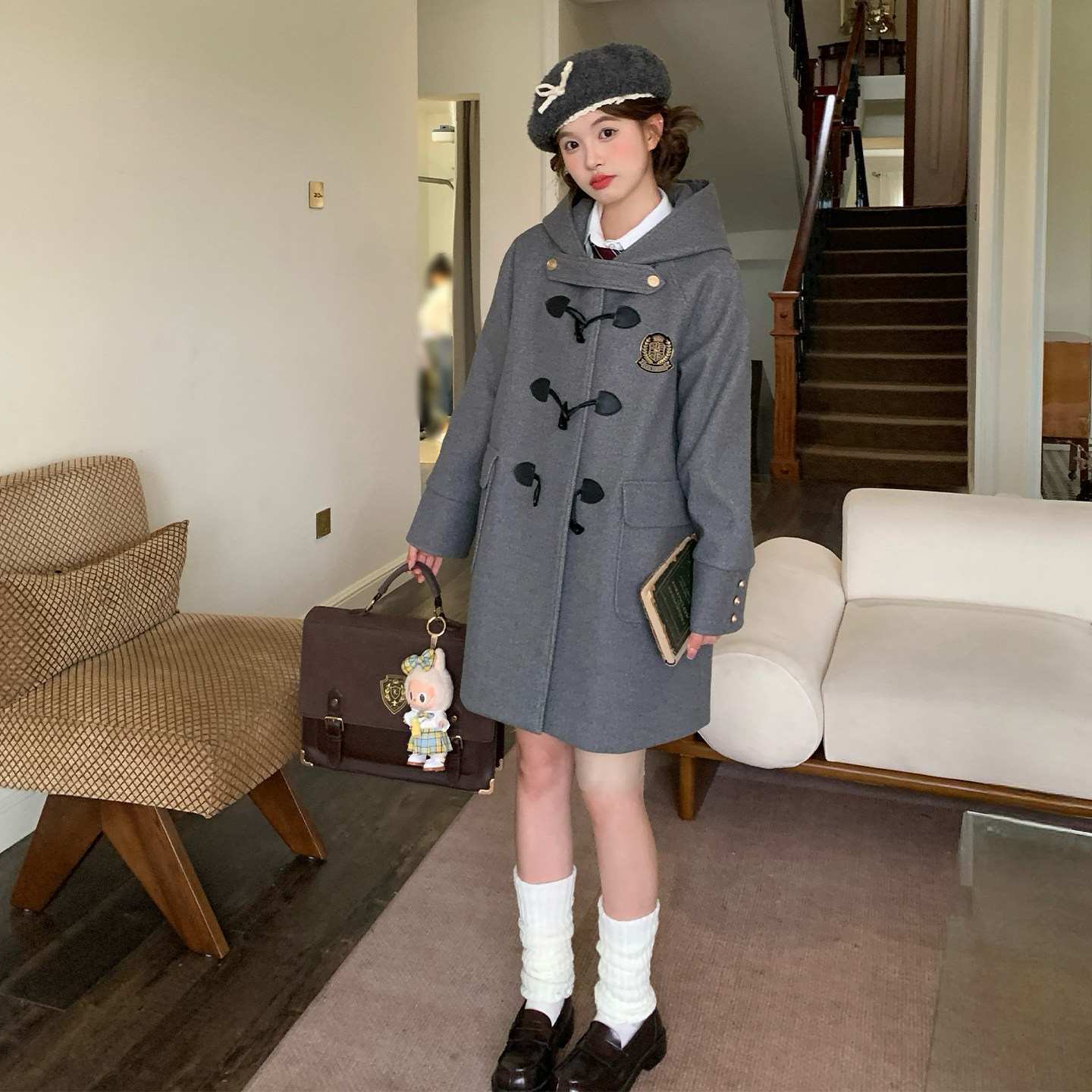 东京岁时记jk秋冬新款牛角扣连帽大衣灰色中长款毛呢外套莱克学院,淘宝优惠券,粉丝福利购,淘宝优惠卷