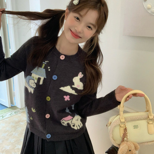 东京岁时记jk秋冬新款针织小狗开衫灰色毛衣小个子多色纽扣外套女 - 图3