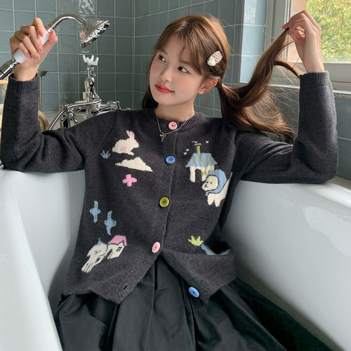 东京岁时记jk秋冬新款针织小狗开衫灰色毛衣小个子多色纽扣外套女 - 图0