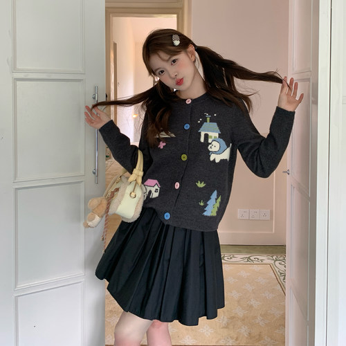 东京岁时记jk秋冬新款针织小狗开衫灰色毛衣小个子多色纽扣外套女 - 图1