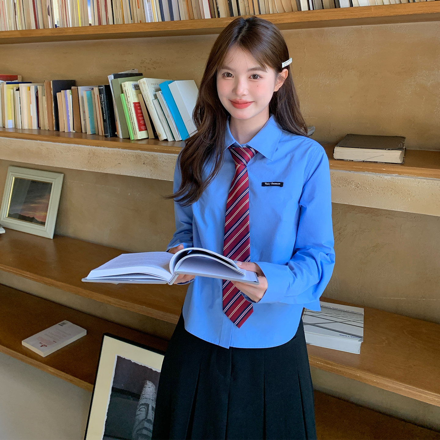 东京岁时记jk秋季百搭学院风蓝色长袖衬衫女基础款宽松衬衣上衣 - 图0