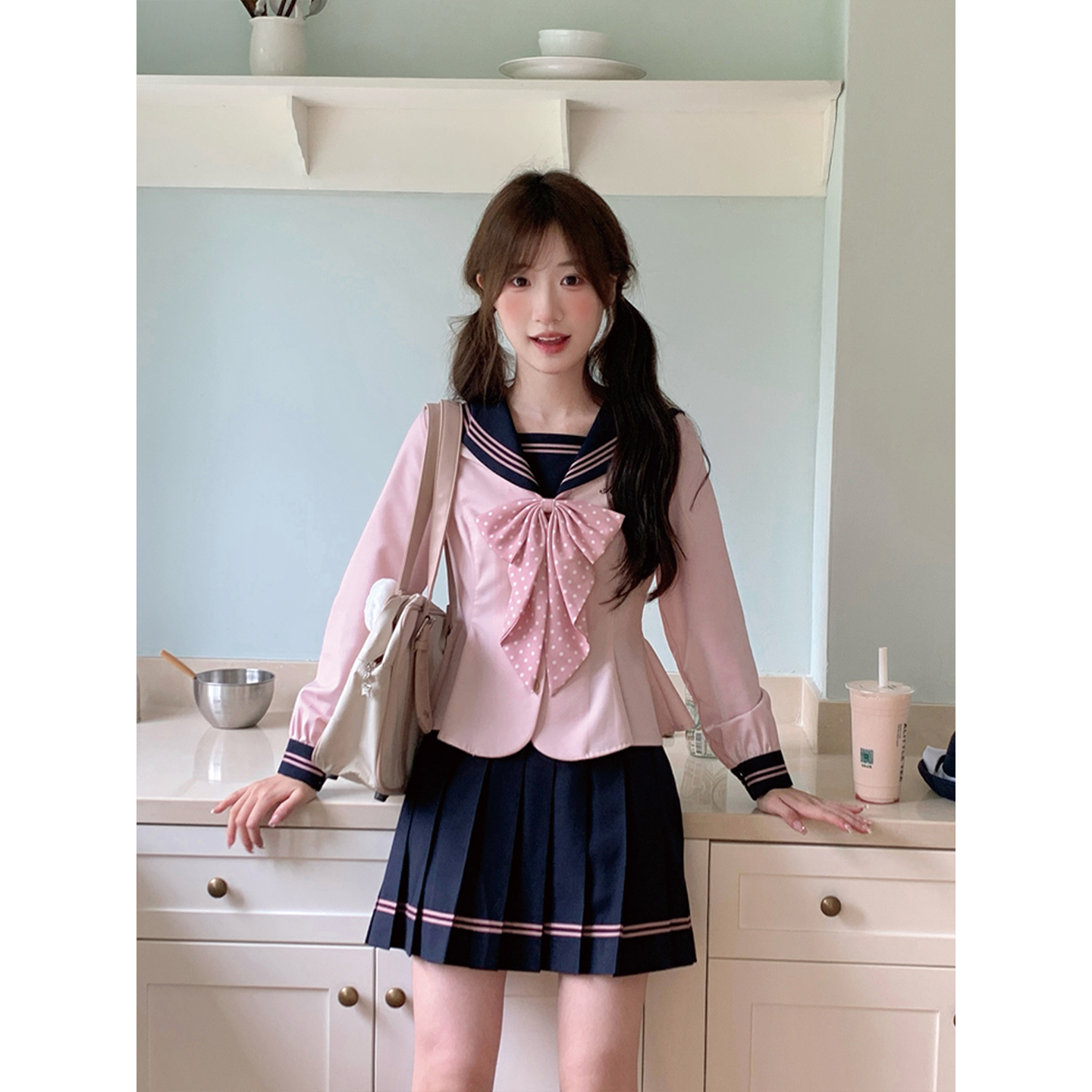 东京岁时记jk粉撞绀水手服小个子学院风学生制服绀色半裙制服套装 - 图1