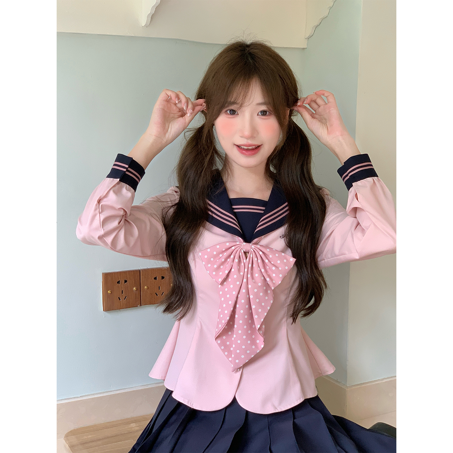 东京岁时记jk粉撞绀水手服小个子学院风学生制服绀色半裙制服套装 - 图3