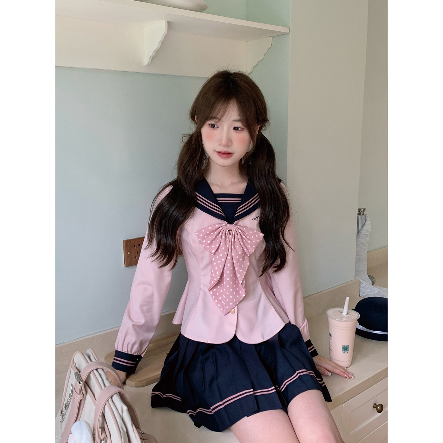 东京岁时记jk粉撞绀水手服小个子学院风学生制服绀色半裙制服套装 - 图0