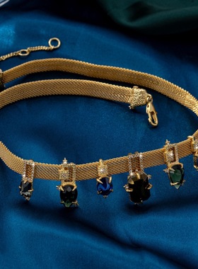 鬼才原创设计铜镀金双色满钻宝石项链