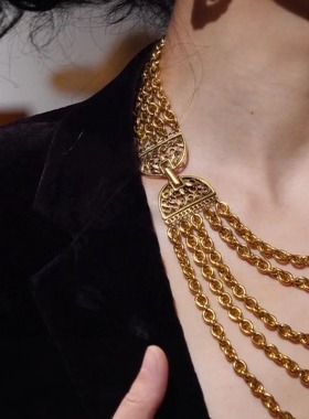 青岛饰品批发欧美法产复古素金多层水晶琉璃珍珠高级感小众项链