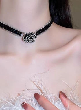 黑色山茶花滴油项链小香风镶钻颈链锁骨链韩版轻奢小众设计感女