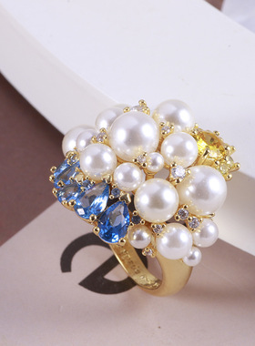 欧美饰品批发闪耀繁星满钻珍珠蓝色水滴设计奢华时尚戒指一件代发