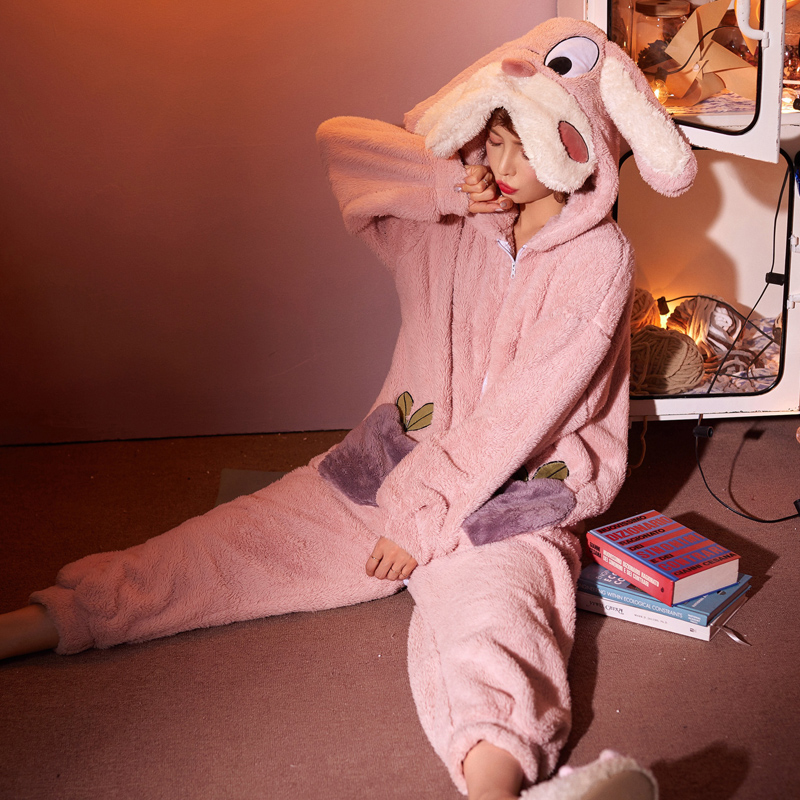 樱丝芳旗舰店连体睡衣秋冬女加厚珊瑚绒加绒可爱卡通毛茸茸兔连帽拉链家居服0