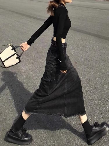 复古毛边A字鱼尾牛仔长裙女2025夏季新款大码高腰宽松显瘦半身裙 - 图1