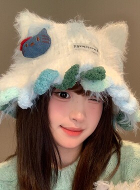 可爱猫耳朵毛绒针织帽