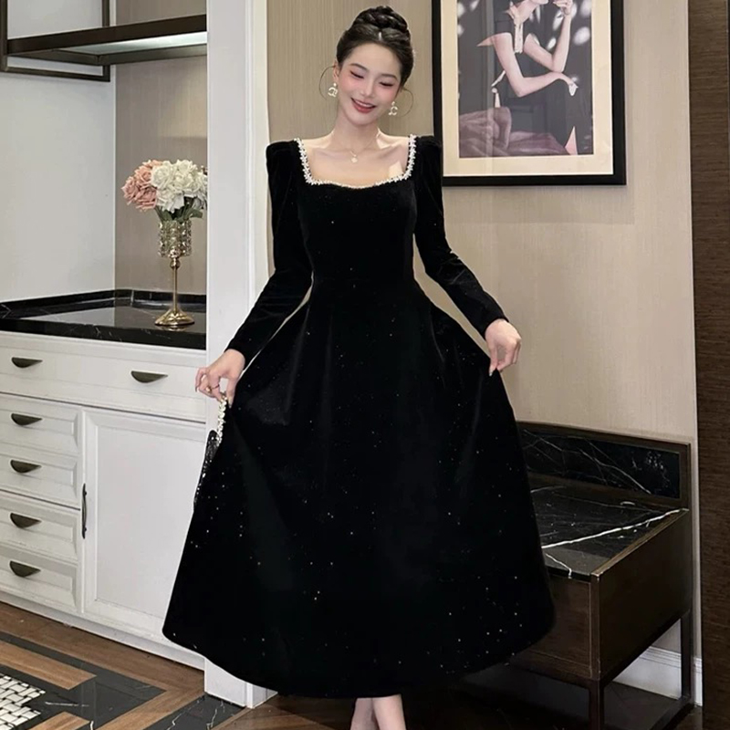 法式高级感宴会晚礼服女装赫本风显瘦穿搭名媛气质高腰丝绒连衣裙 - 图1