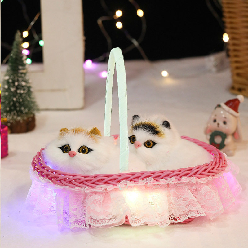 两只小猫咪会叫发光花篮仿真动物摆件皮毛狗狗兔子玩具迷你母子猫